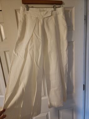 Zara Cream Wide-Leg Pleated Linen-Blend Pants